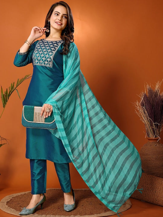 Fabmora Ethnic Motifs Embroidered Regular Zari Straight Kurta With Trouser &Dupatta