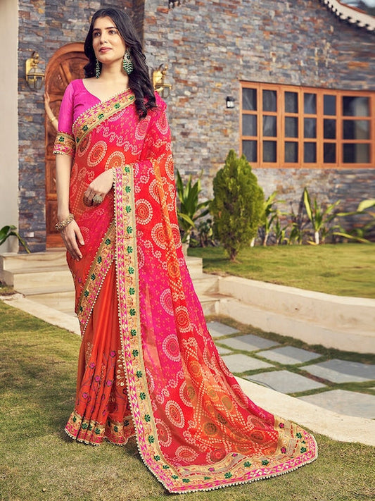 Satrani Beads and Stones Bandhani Printed Saree