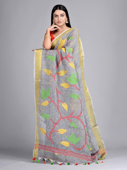 Mitera Grey & Gold-Toned Pure Linen Woven Design Taant Saree