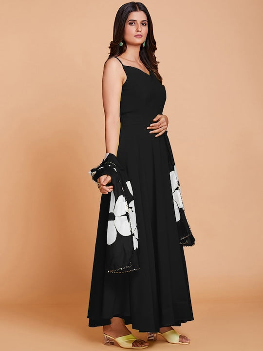 Fusionic Floral Printed Georgette Fit & Flare Dress With Dupatta