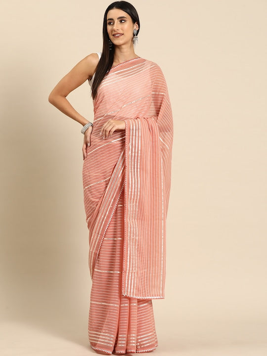 All about you Striped Embroidered Gotta Patti Pure Georgette Saree