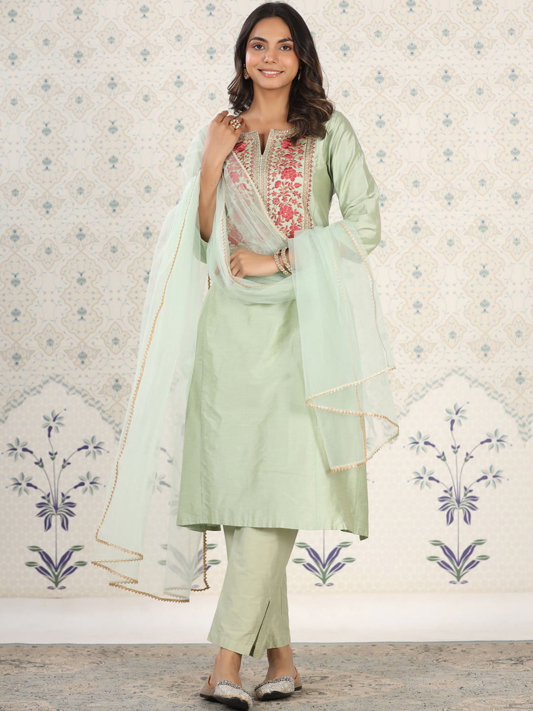 House of Pataudi Embroidered Gota Patti A-Line Kurta with Trousers and Dupatta