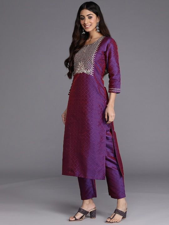 Varanga Women Purple & Gold-Toned Ethnic Motifs Embroidered Gotta Patti Kurta with Trousers & Dupatta