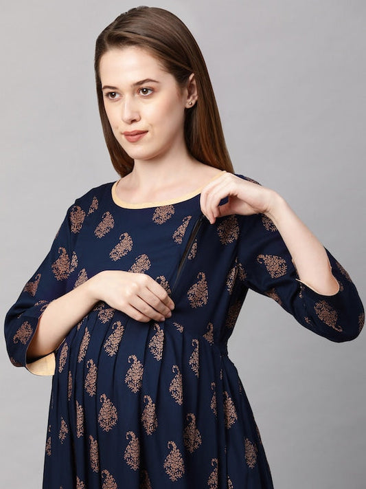 MomToBe Women Navy Blue Printed Maternity Nursing Anarkali Kurta