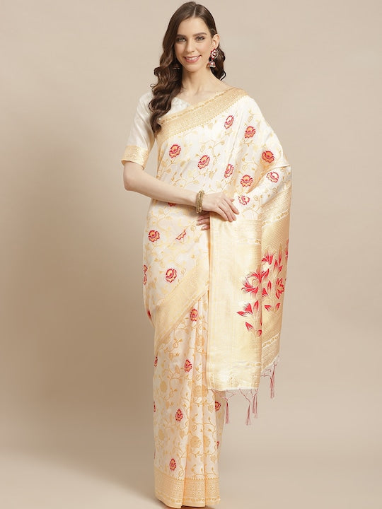 Saree mall Off-White & Golden Woven Design Kasavu Saree