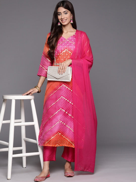 Varanga Bandhani Printed Regular Kurta with Trousers & With Dupatta