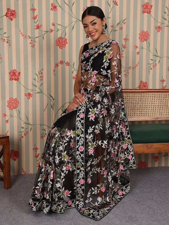 House of Pataudi Embellished Embroidered Net Designer Saree