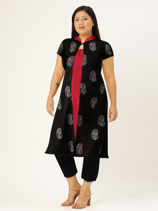 Here&now Women Black & Red Printed Layered A-Line Kurta