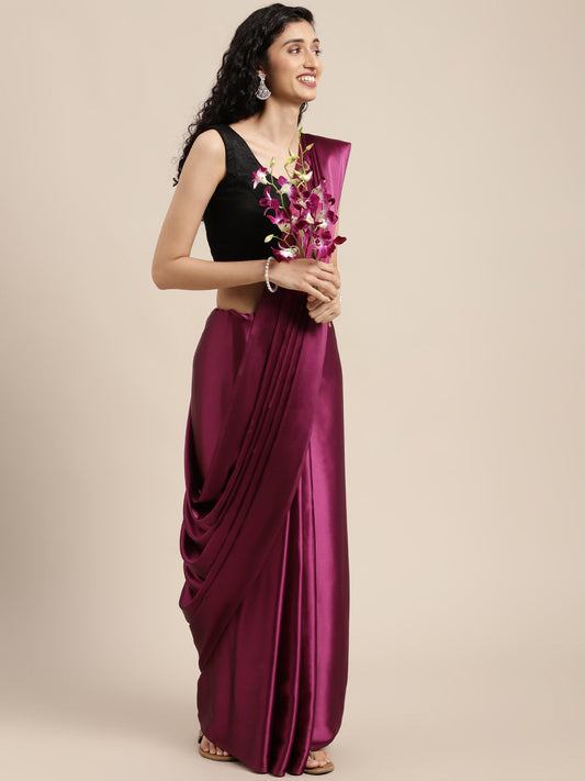 Mitera Burgundy Solid Satin Saree