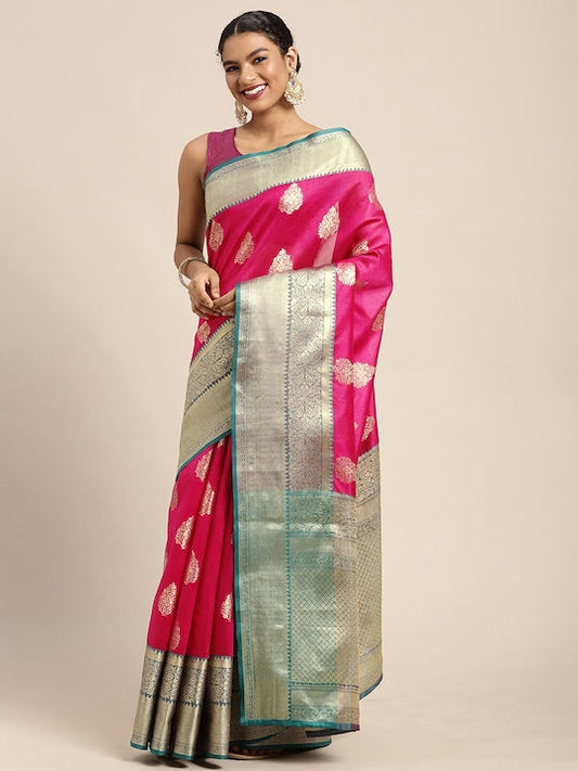 Silk Land Pink & Golden Ethnic Motifs Zari Banarasi Saree