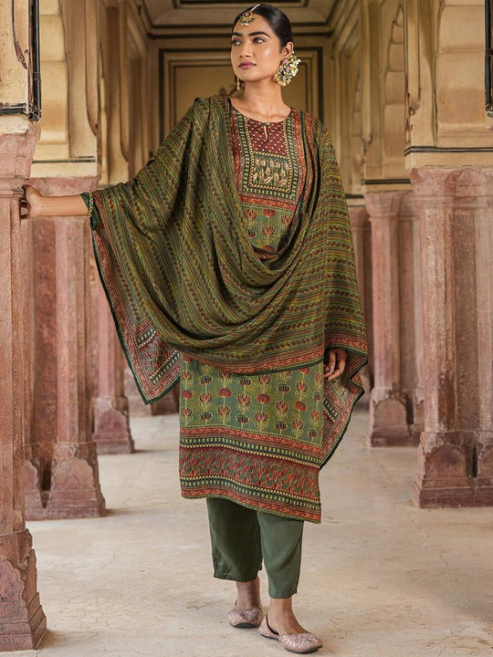 Scakhi Ethnic Motifs Printed Pure Silk Straight Kurta With Trousers & Dupatta