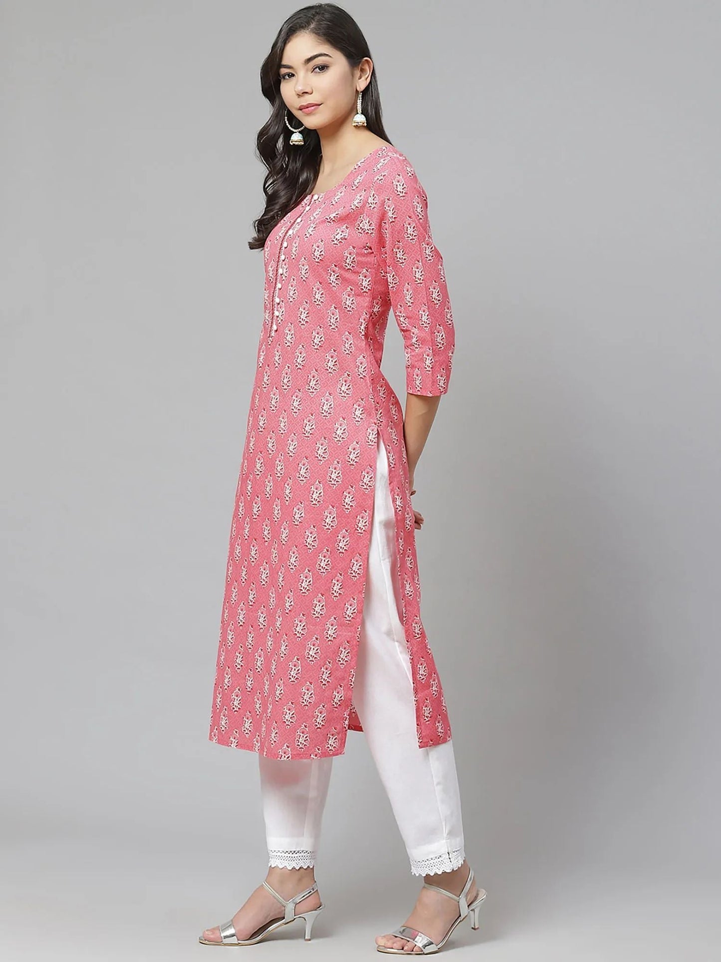 PIROH Womens Printed & Embroidered Straight Kurta Pink