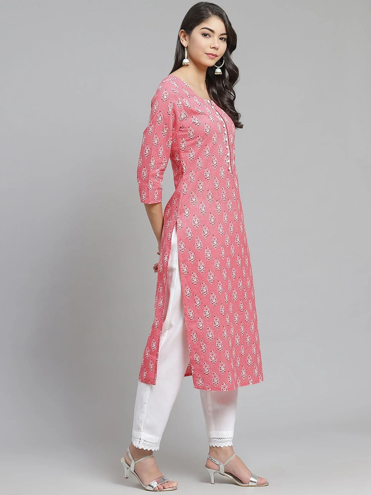 PIROH Womens Printed & Embroidered Straight Kurta Pink