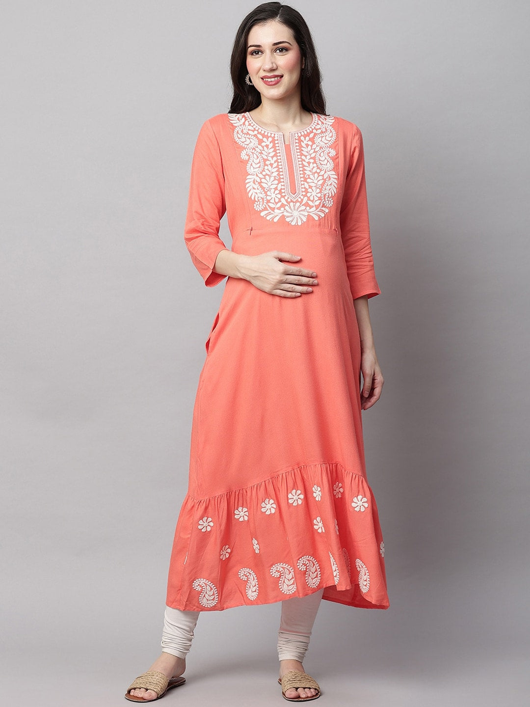 MomToBe Floral Yoke Design Notched Neck Thread Work Maternity Anarkali Kurta