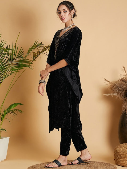 Shae by Sassafras Black Floral Yoke Design Extended Sleeves Sequinned Velvet Kurta