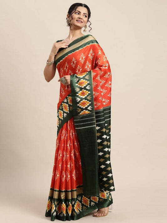 Saree mall Orange & Black Silk Blend Bagru Saree