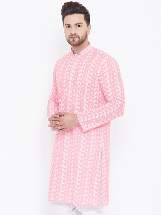 Vastramay Men Pink & White Ethnic Motifs Embroidered Chikankari Cotton Kurta