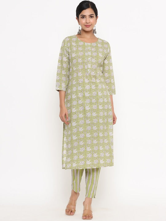 Yufta Women Floral Printed Pure Cotton Kurta with Trousers