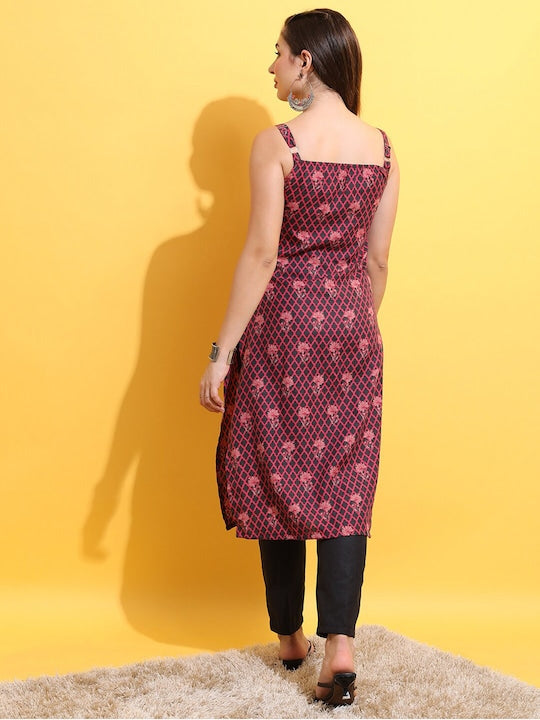 Vishudh Floral Printed Shoulder Straps Straight Kurta
