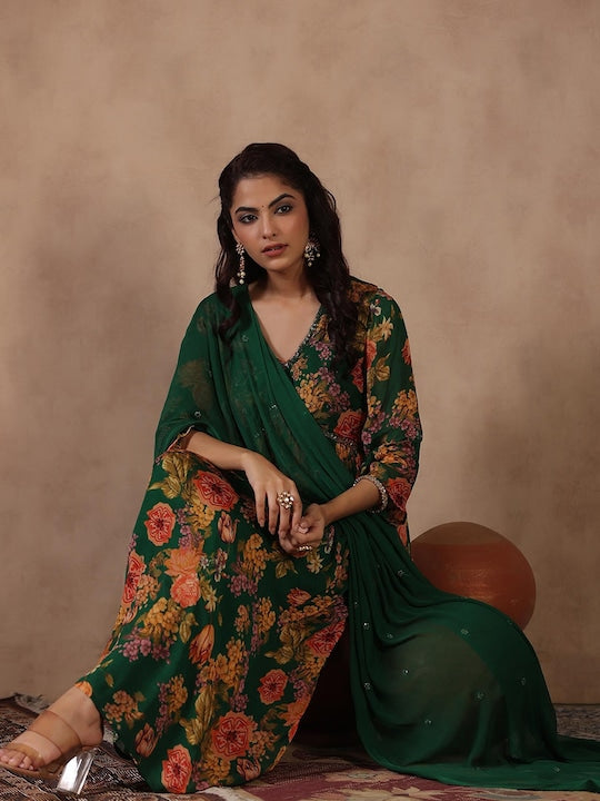 Scakhi Floral Printed Empire Beads and Stones Silk Crepe Kurta & Trousers With Dupatta