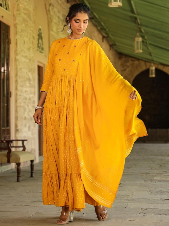 Scakhi Embellished Fit & Flare Tiered Cotton Jacquard Maxi Ethnic Dress With Dupatta