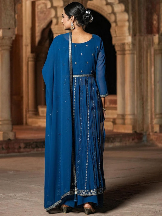 Scakhi Embroidered High Slit Sequinned Kurta With Palazzos & Dupatta
