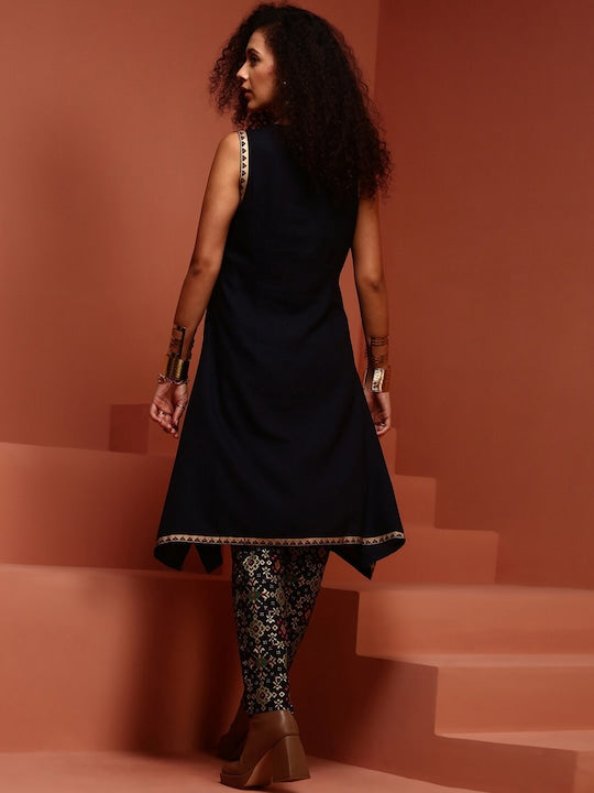 IMARA Ethnic Motifs Yoke Design Asymmetric A-Line Kurta With Trousers
