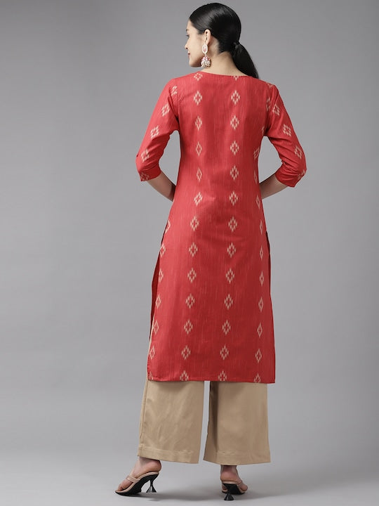 Yufta Women Woven Design Straight Kurta Red