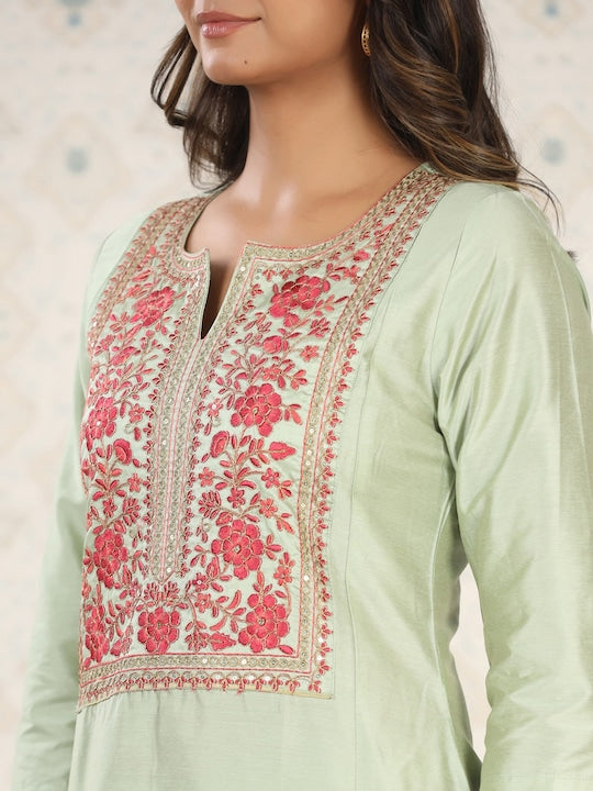House of Pataudi Embroidered Gota Patti A-Line Kurta with Trousers and Dupatta