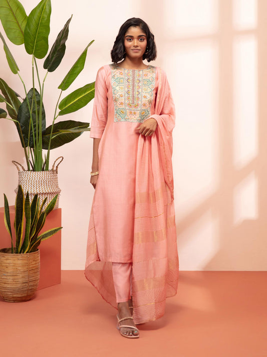 Likha Shaan-E-Avadh Peach Zari Mirror Work Kurta, Pant & Dupatta LIKSKD131 (Set of 3)
