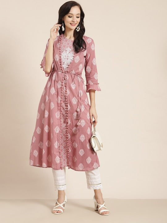 Juniper Women Pink & White Printed Indie Prints Kurta