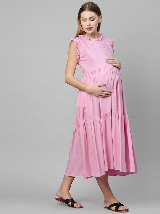 MomToBe Pink A-Line Maternity Midi Nursing Dress