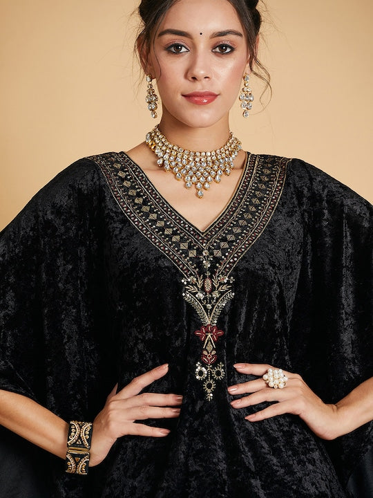 Shae by Sassafras Black Floral Yoke Design Extended Sleeves Sequinned Velvet Kurta