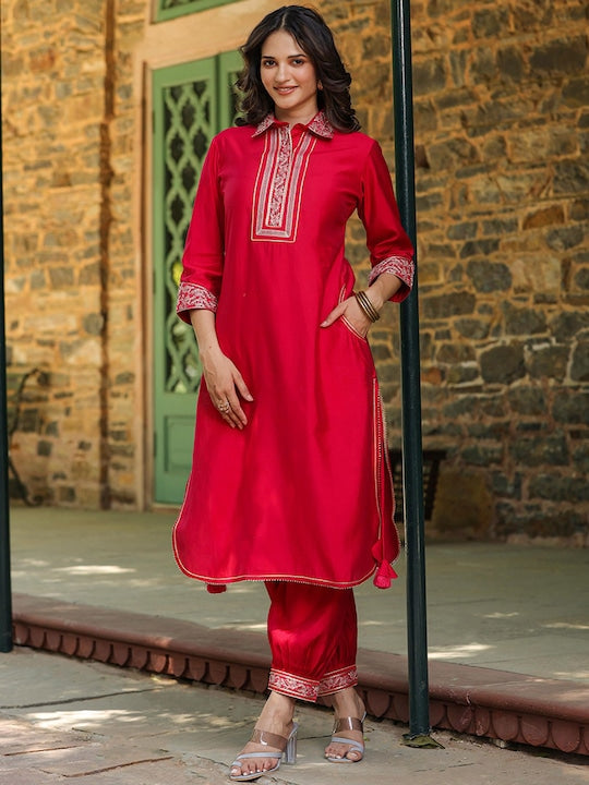 SCAKHI Ethnic Motifs Yoke Design Regular Thread Work Straight Kurta with Patiala