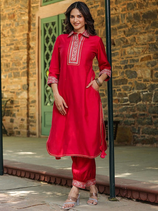 SCAKHI Ethnic Motifs Yoke Design Regular Thread Work Straight Kurta with Patiala