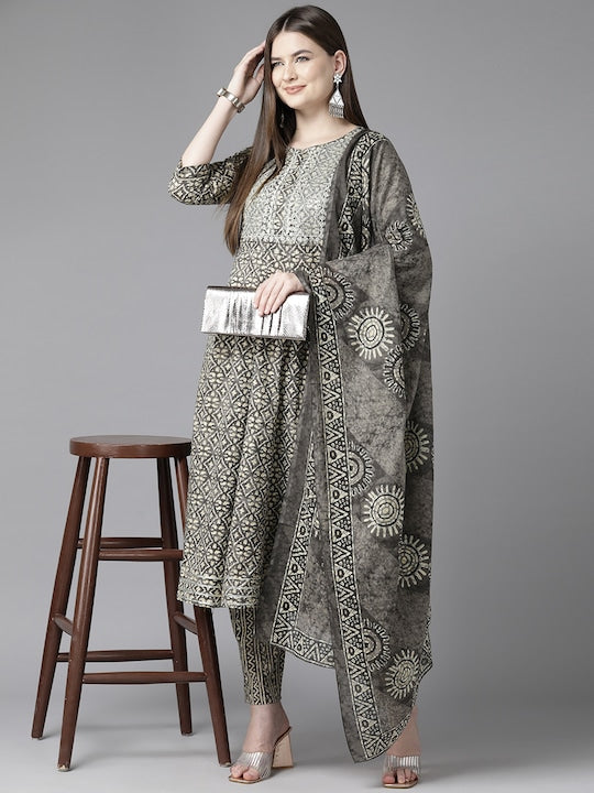Yufta Ethnic Motifs Printed Sequinned Pure Cotton Kurta with Trousers & Dupatta