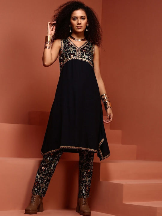 IMARA Ethnic Motifs Yoke Design Asymmetric A-Line Kurta With Trousers