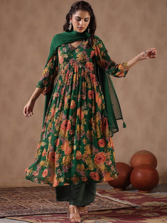 Scakhi Floral Printed Empire Beads and Stones Silk Crepe Kurta & Trousers With Dupatta