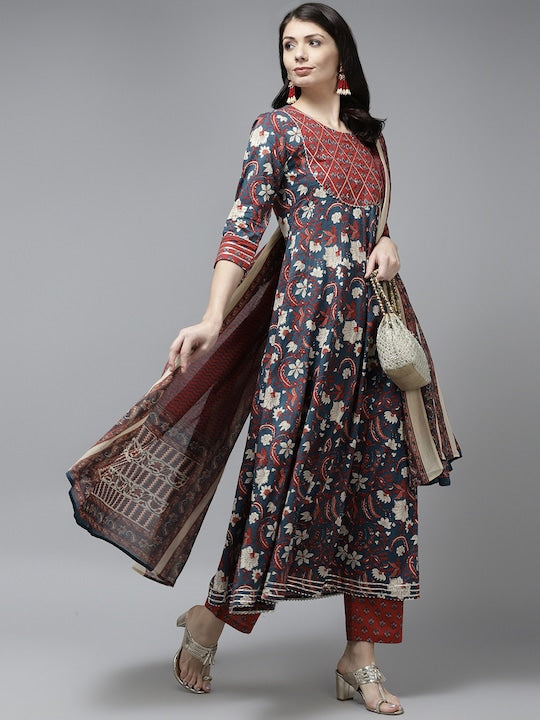 Yufta Women Navy Blue Ethnic Motifs Printed Pleated Gotta Patti Pure Cotton Kurta with Palazzos & With