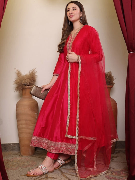 House of Pataudi Embroidered Round Neck Three-Quarter Sleeves A-Line Kurta Set