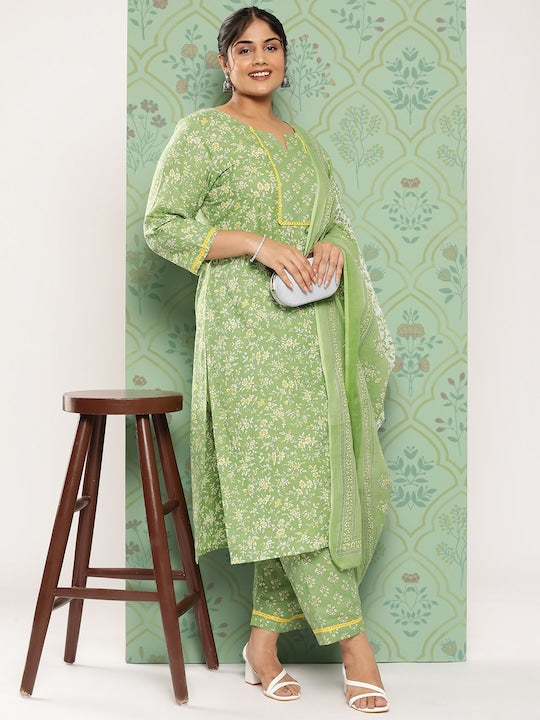 Yufta Plus Size Floral Printed Regular Pure Cotton Kurta with Trousers & Dupatta Green