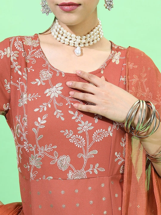 Vishudh Rust Ethnic Motifs Ethnic Maxi Ethnic Dress with Dupatta