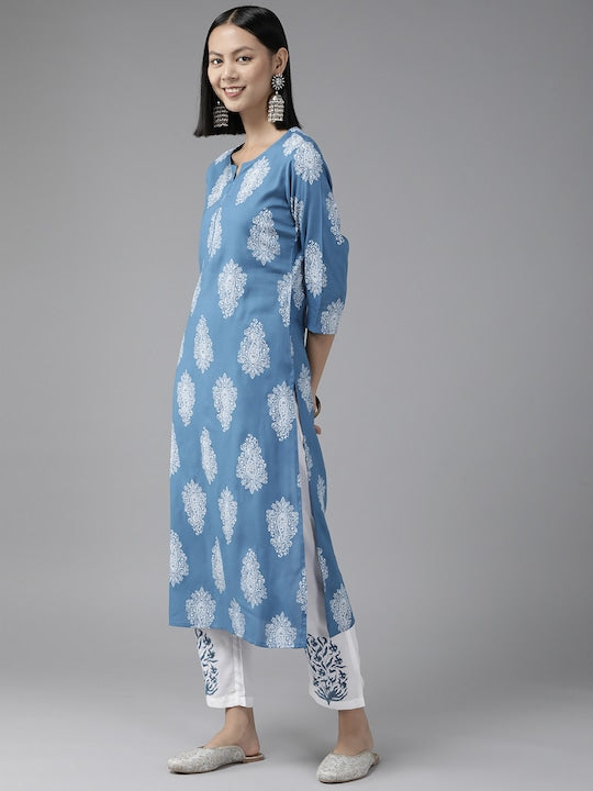 Yufta Women Blue Paisley Printed Kurta With Trousers & Dupatta