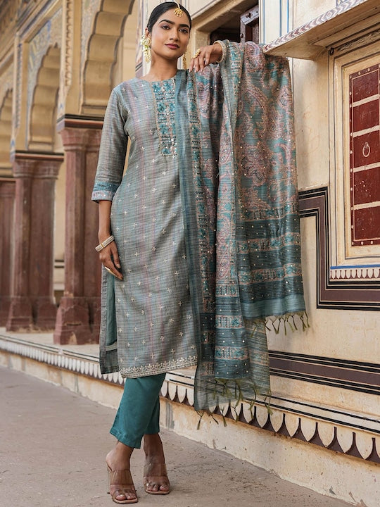 Scakhi Ethnic Motifs Embroidered Sequinned Chanderi Silk Kurta With Trousers & Dupatta