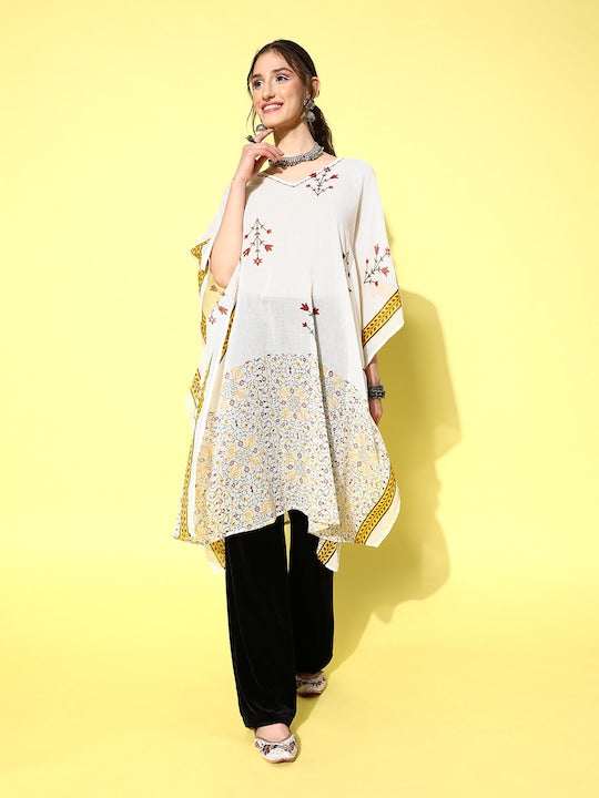 Yufta Floral Printed Flared Sleeves Sequinned Kaftan Kurta