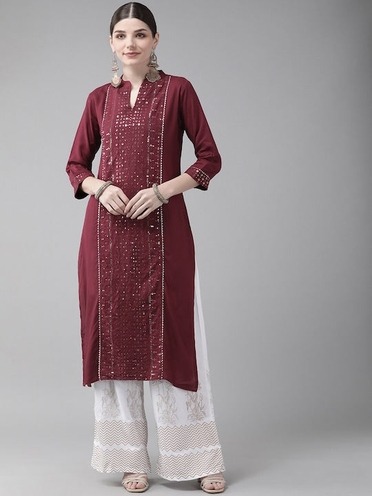 Yufta Women Ethnic Motifs Embroidered Panelled Kurta with Palazzos - XL