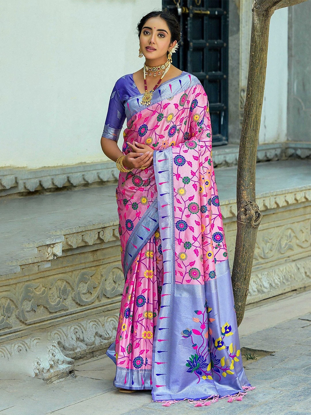 Mitera Pink Floral Woven Design Zari Paithani Saree