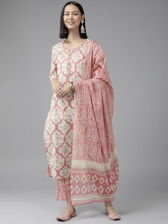 Yufta Women Pink Floral Embroidered Thread Work Pure Cotton Kurta with Trousers & With Dupatta