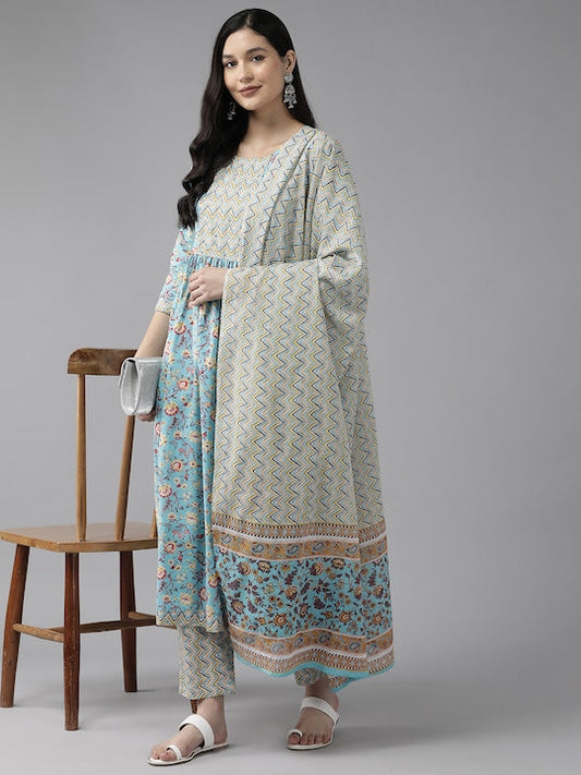 Yufta Women Floral Printed Beads & Stones Pure Cotton Kurta with Trousers & With Dupatta