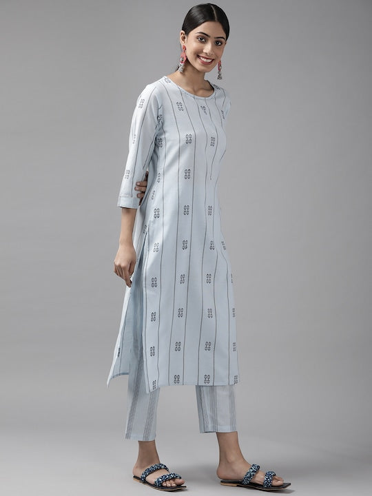Yufta Women Blue Printed Pure Cotton Kurta with Trousers & With Dupatta